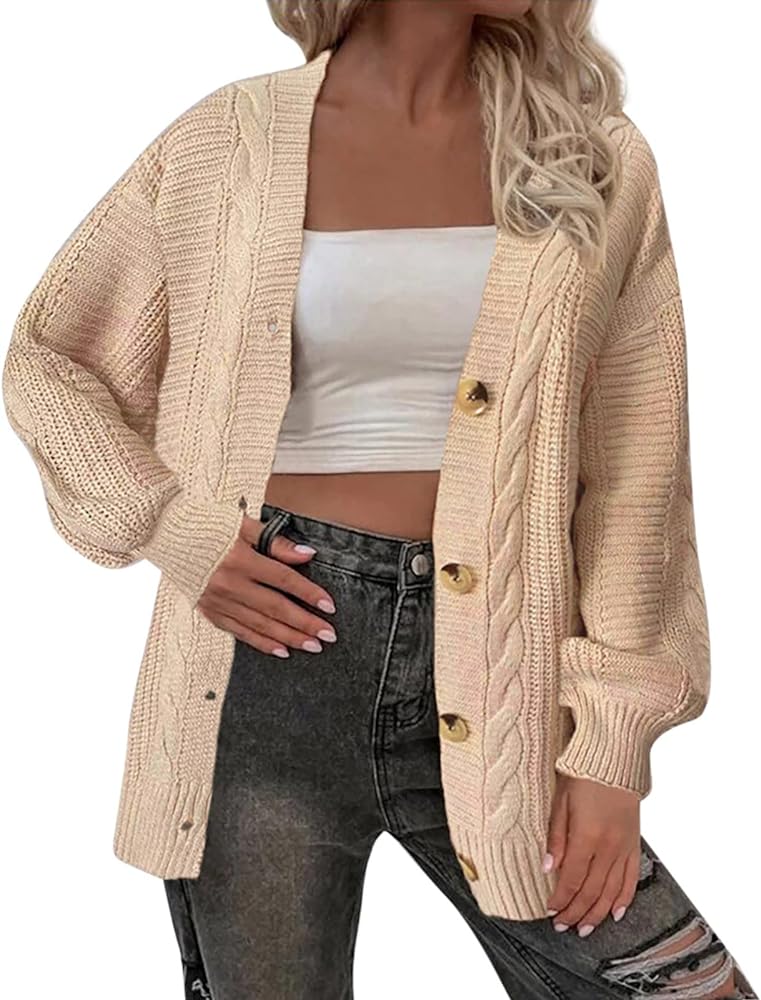 Open Front Long Sleeve Button Chunky Knit Cardigan Sweater