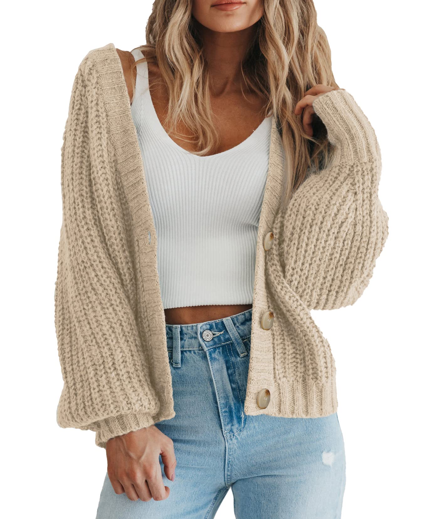 Open Front Long Sleeve Button Chunky Knit Cardigan Sweater