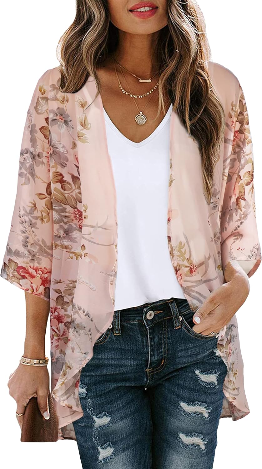 Floral Print Puff Sleeve Kimono Cardigan Loose Cover Up