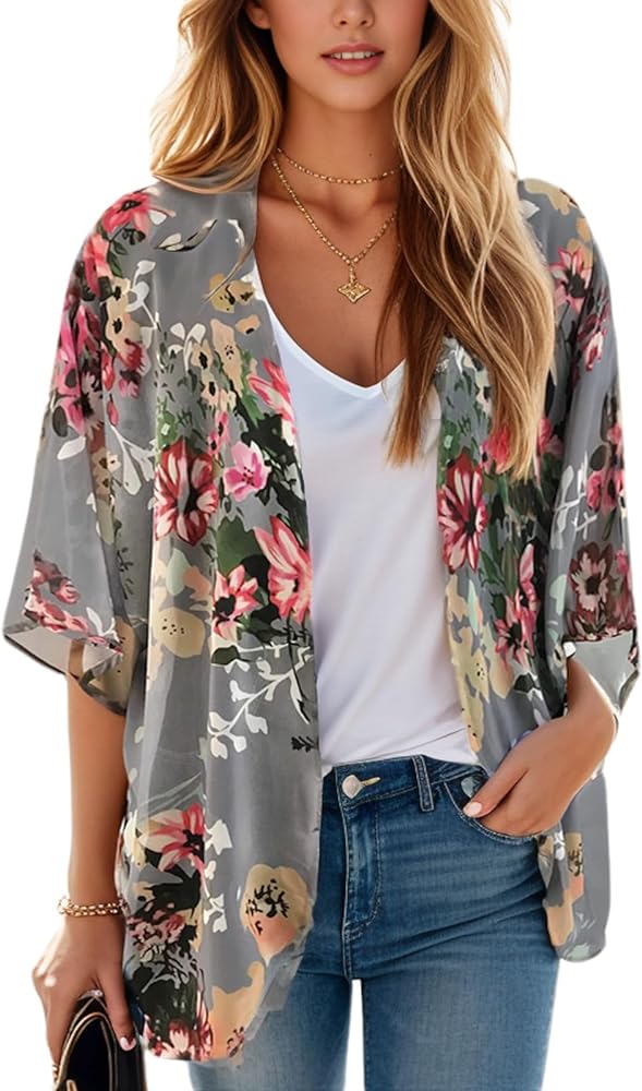 Floral Print Puff Sleeve Kimono Cardigan Loose Cover Up