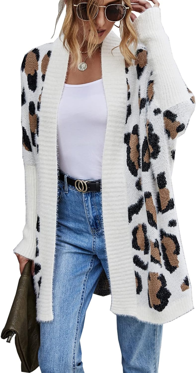 Long Sleeves Open Front Leopard Print Knitted Sweater