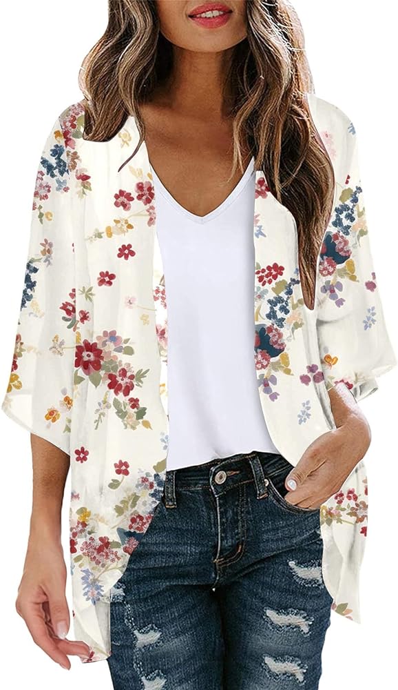 Floral Print Puff Sleeve Kimono Cardigan Loose Cover Up