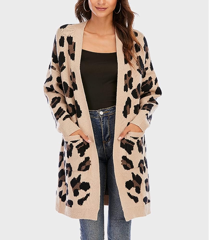 Long Sleeves Open Front Leopard Print Knitted Sweater